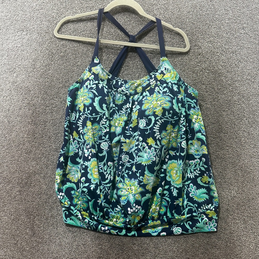 Lands End Tankini Swim Top Women 18W Green Floral Built In Bra Vacation Resort